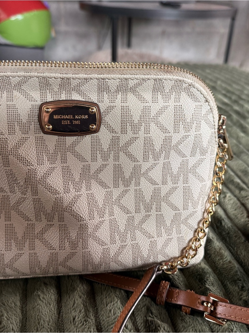 Michael Kors Cream Logo Crossbody with Gold Chain